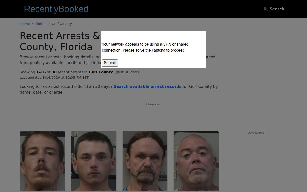 Unofficial RecentlyBooked Gulf County booking record section